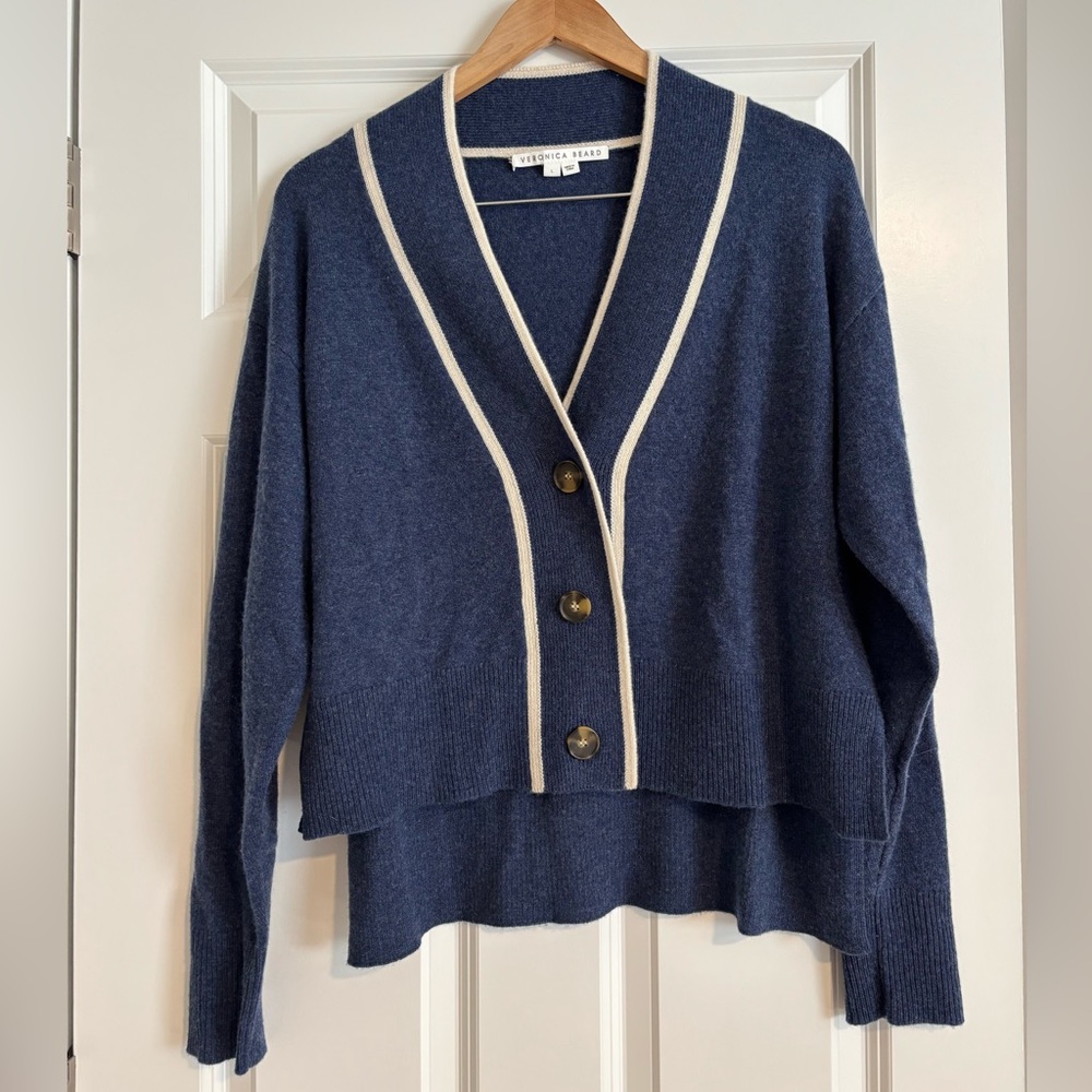 Veronica Beard Navy Blue Cashmere Cardigan with Ivory Tipping.
